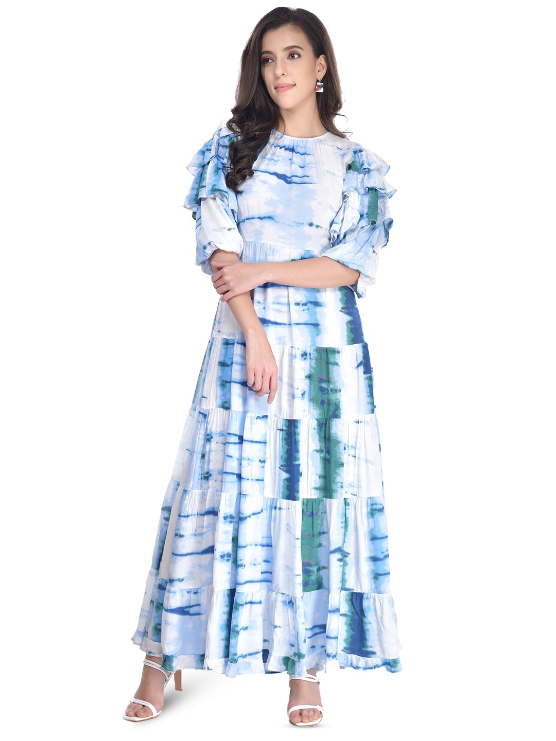 

Beatnik Printed Flared Sleeves Pure Cotton Maxi Dress, Blue