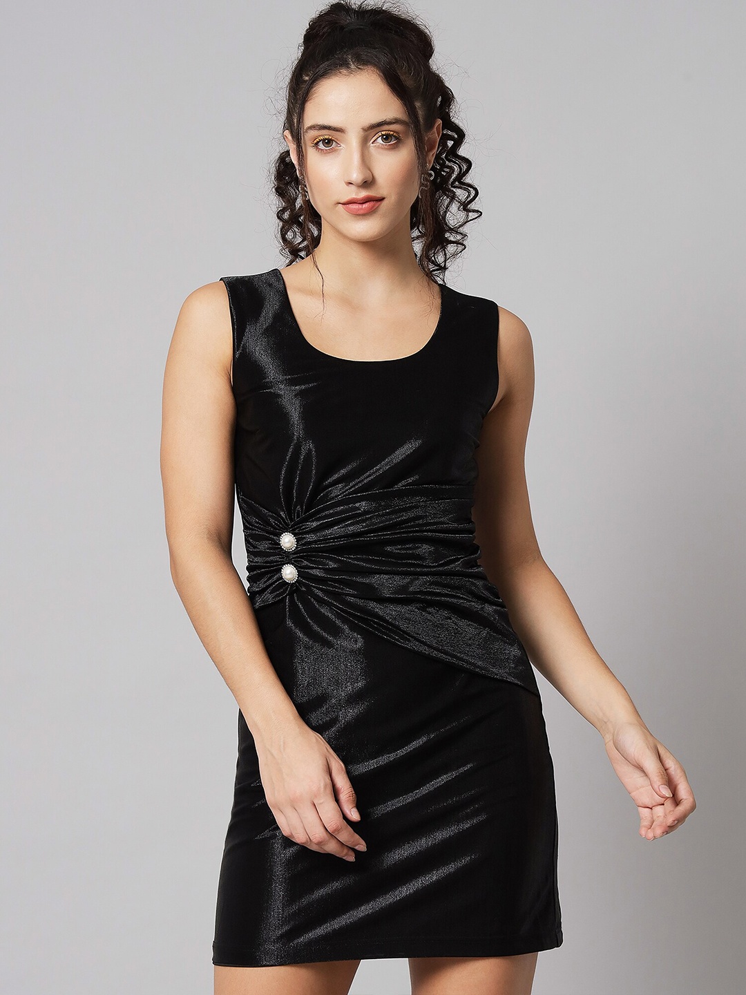 

Beatnik Round Neck Sheath Mini Dress, Black