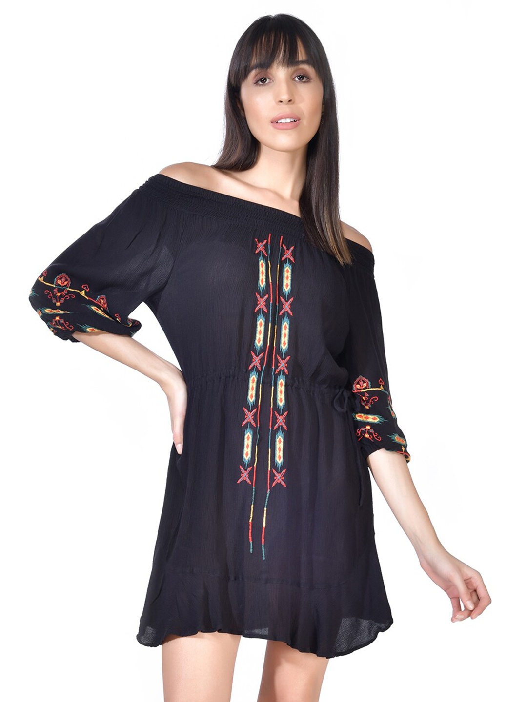 

Beatnik Ethnic Motifs Embroidered Off-Shoulder Smocked Tie-Up Pure Cotton A-Line Dress, Black