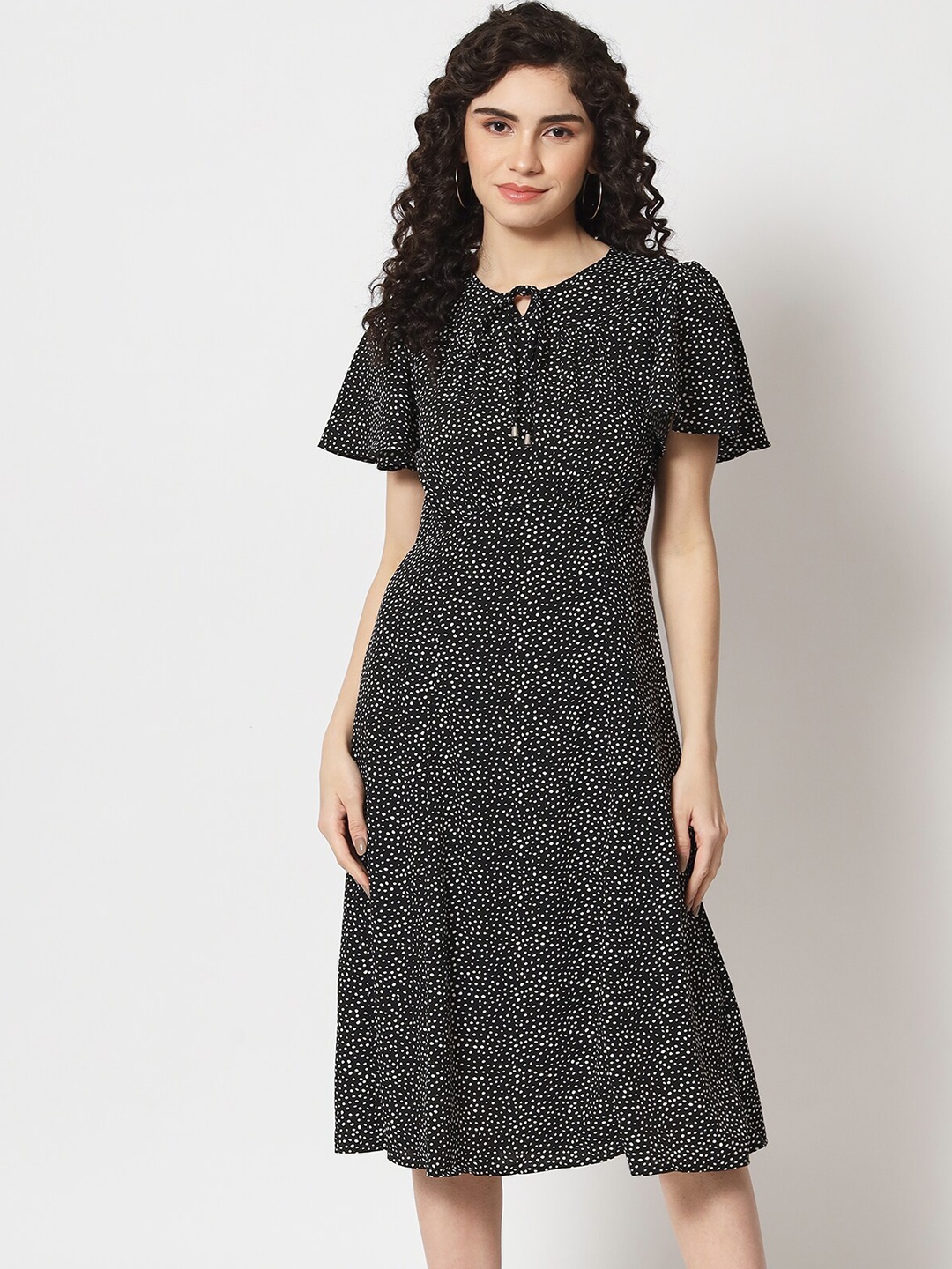 

Beatnik Polka Dots Printed Tie-Up Neck Flared Sleeve Fit & Flare Midi Dress, Black