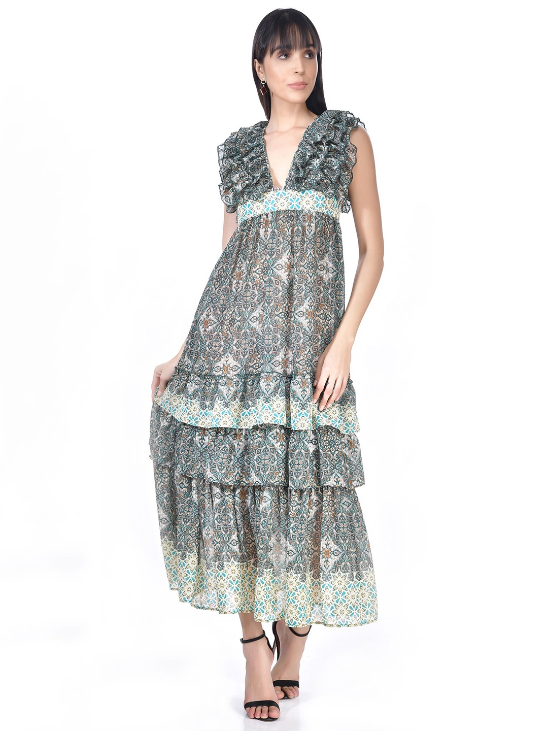 

Beatnik Green Ethnic Motifs Printed Ruffled Maxi Dress