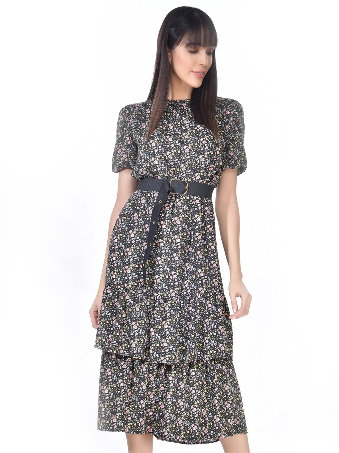 

Beatnik Floral Printed A-Line Midi Dress, Black