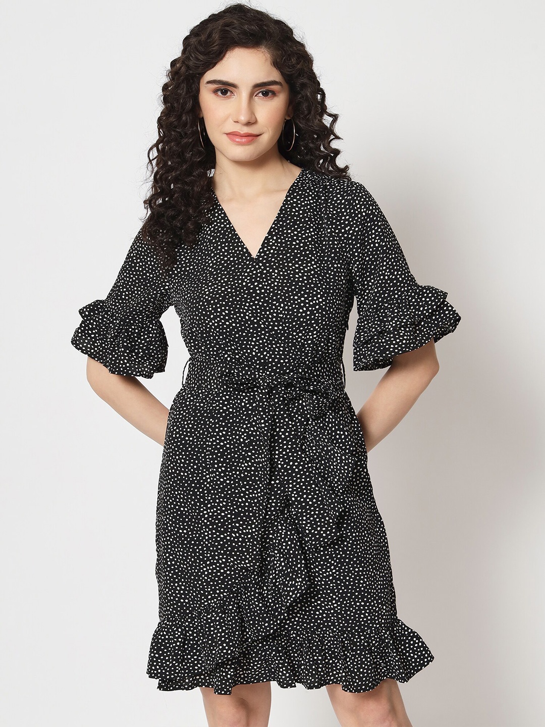 

Beatnik Polka Dots Printed Round Neck Bell Sleeve Wrap Dress, Black