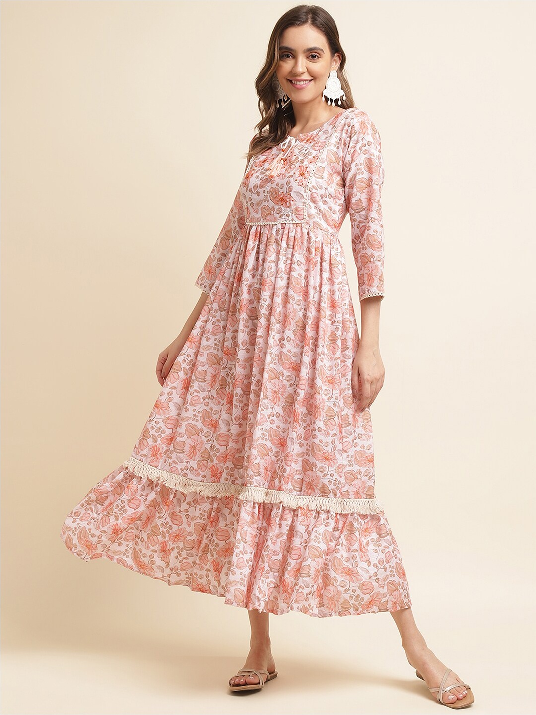 

Sangria Floral Printed Gathered Linen Fit & Flare Dress, Peach