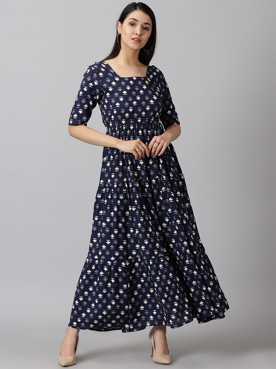 

DK FAB Conversational Printed Square Neck Maxi Dress, Navy blue