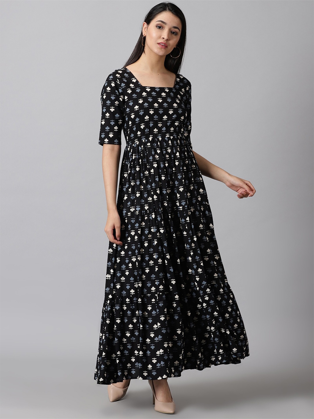 

DK FAB Conversational Printed Square Neck Maxi Dress, Black