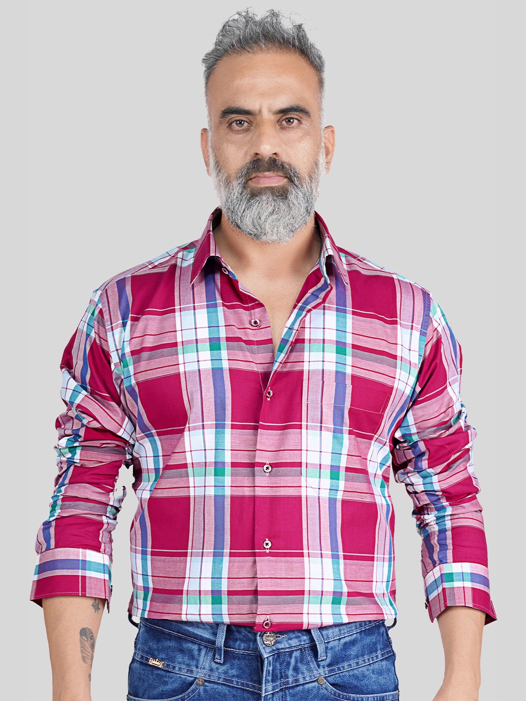 

FRENCH CROWN Standard Tartan Checked Spread Collar Cotton Casual Shirt, Pink