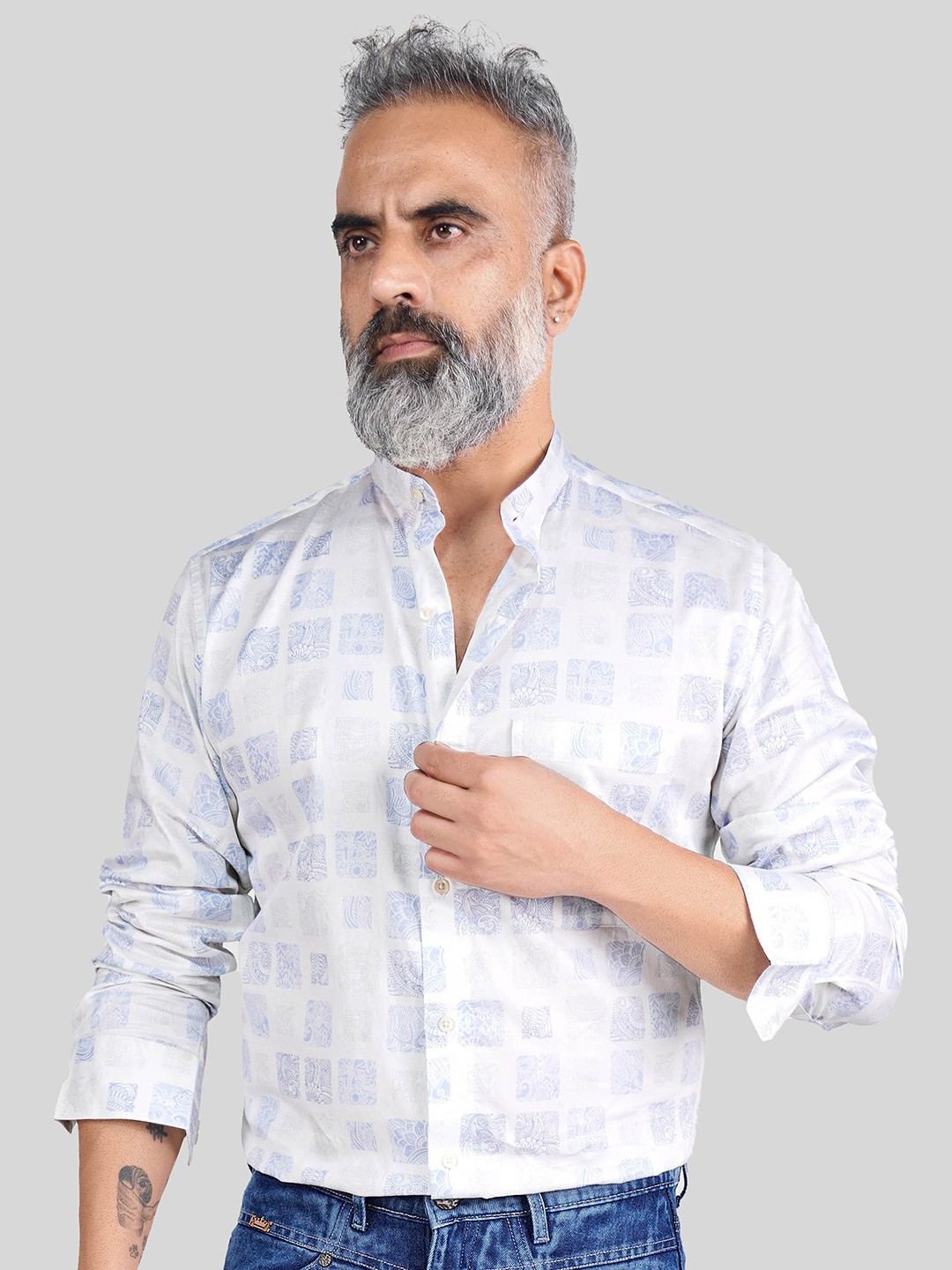 

FRENCH CROWN Standard Ethnic Motifs Printed Mandarin Collar Cotton Casual Shirt, White