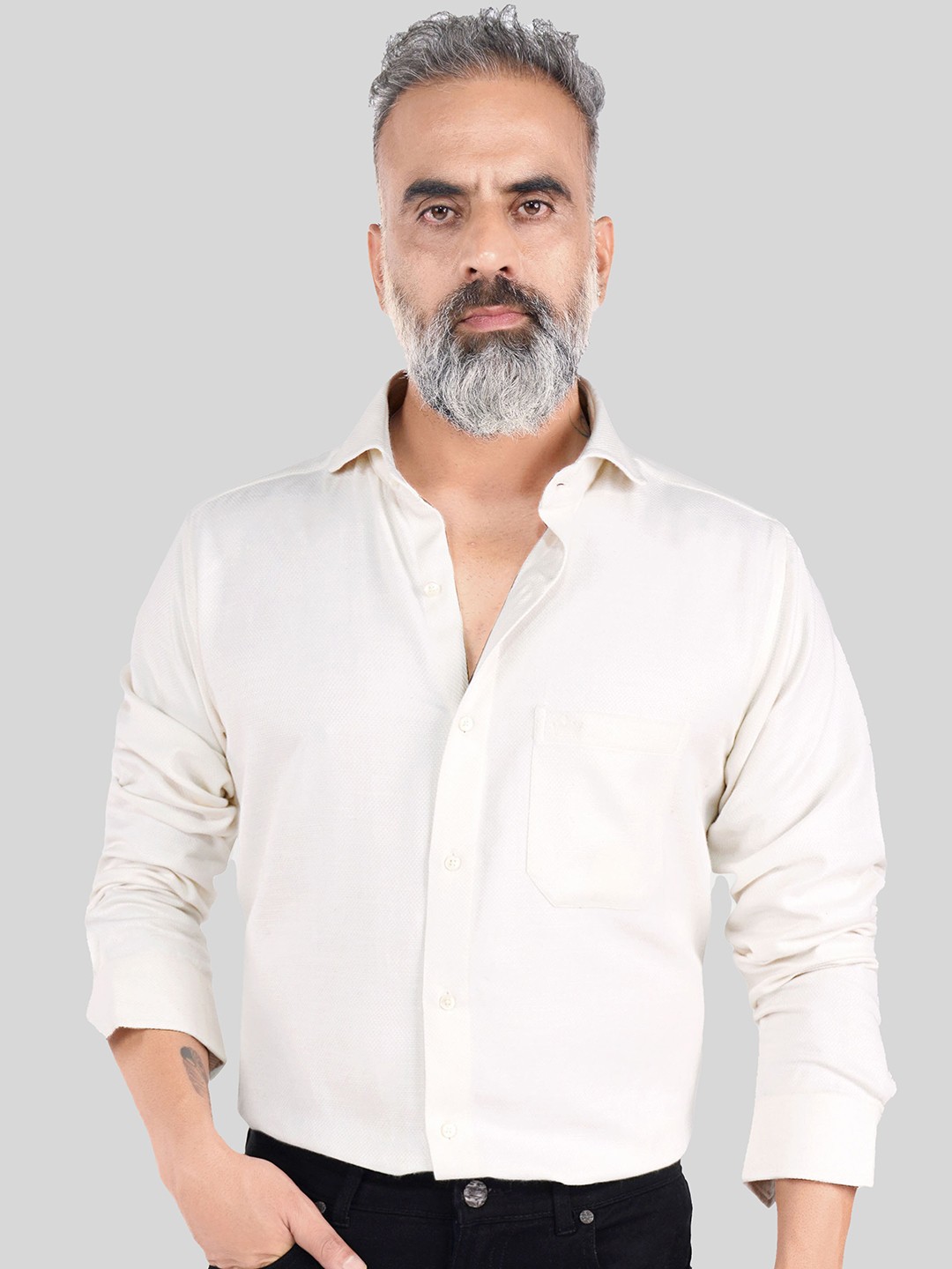 

FRENCH CROWN Standard Spread Collar Cotton Casual Shirt, Cream