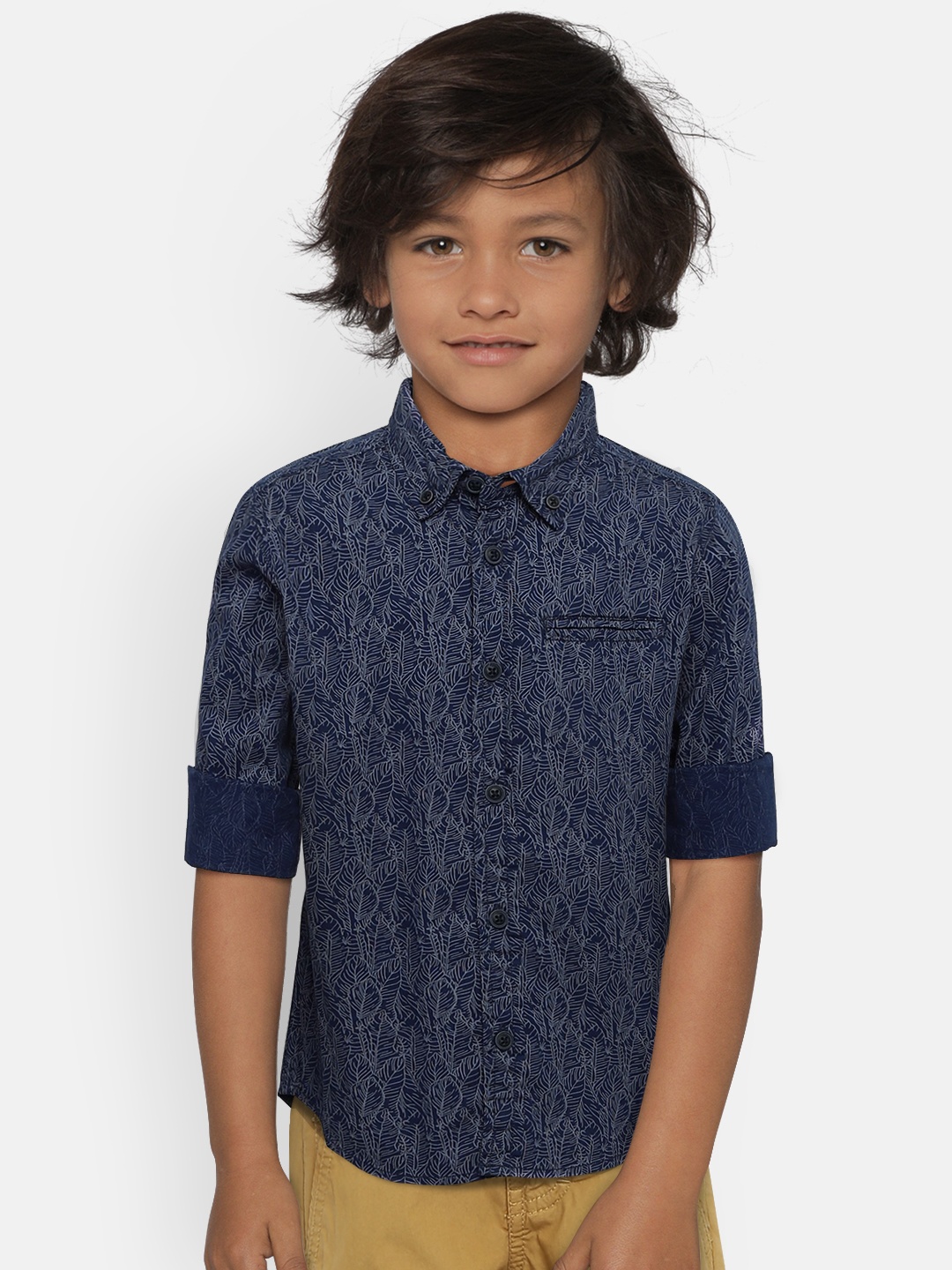 

Flying Machine Boys Navy Blue Regular Fit Printed Casual Shirt