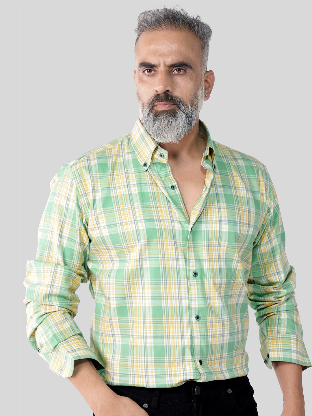 

FRENCH CROWN Standard Tartan Checked Button-Down Collar Cotton Casual Shirt, Green