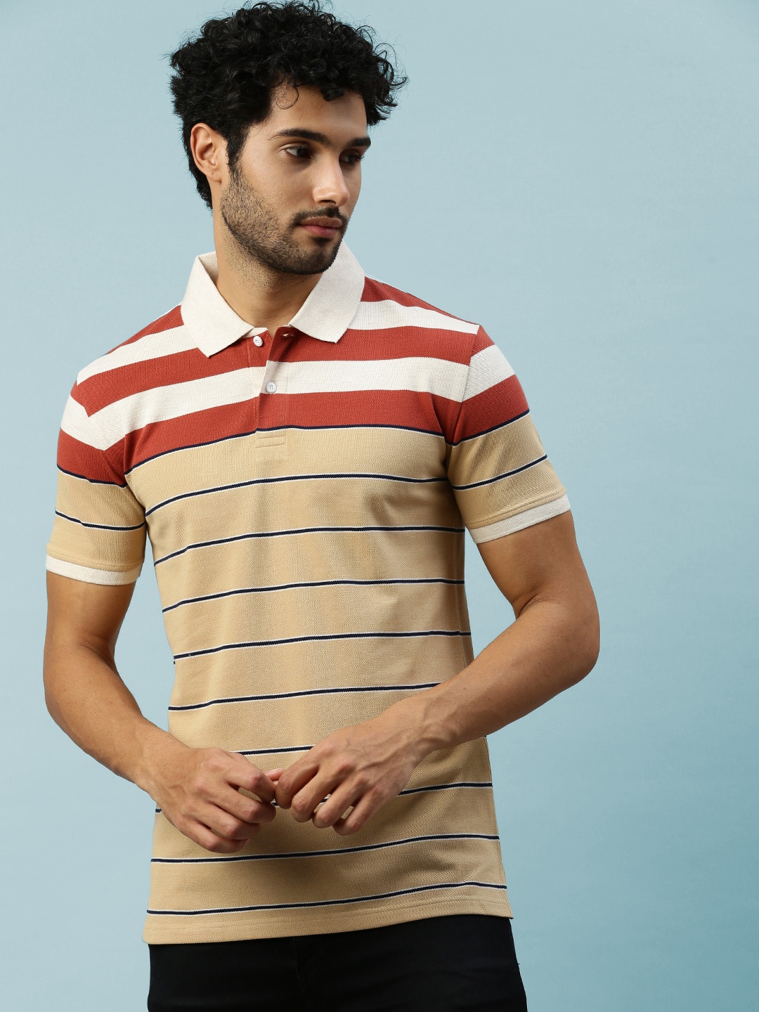 

ONN Striped Polo Collar Cotton T-shirt, Beige