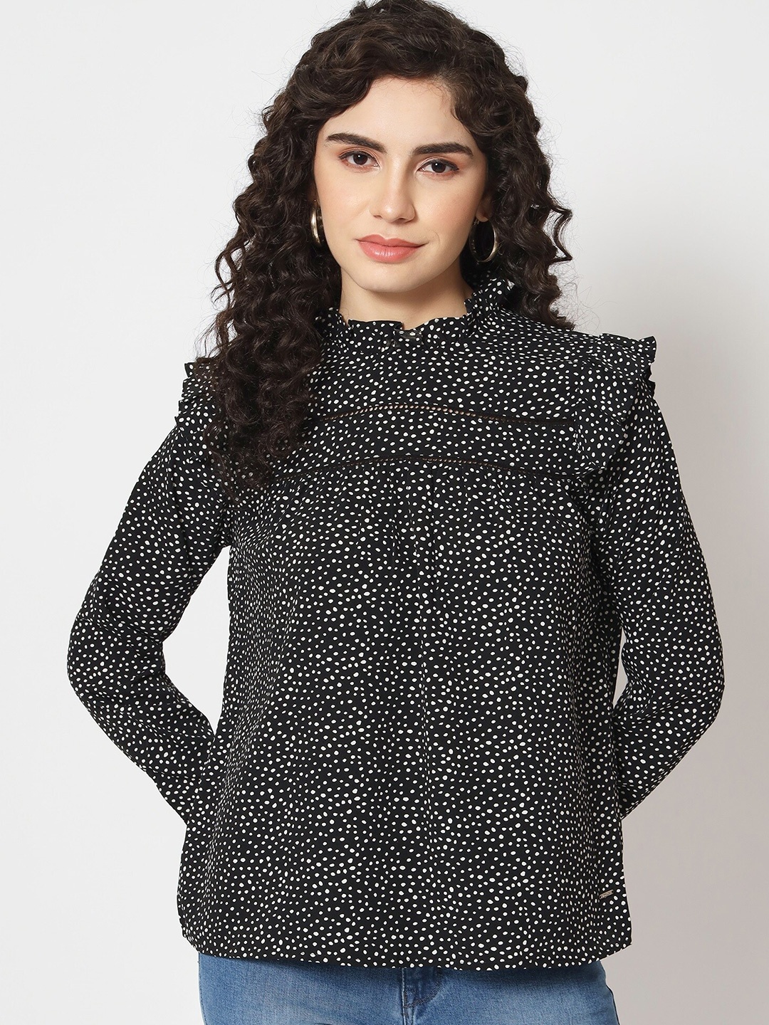 

Beatnik Abstract Printed Ruffles Regular Top, Black