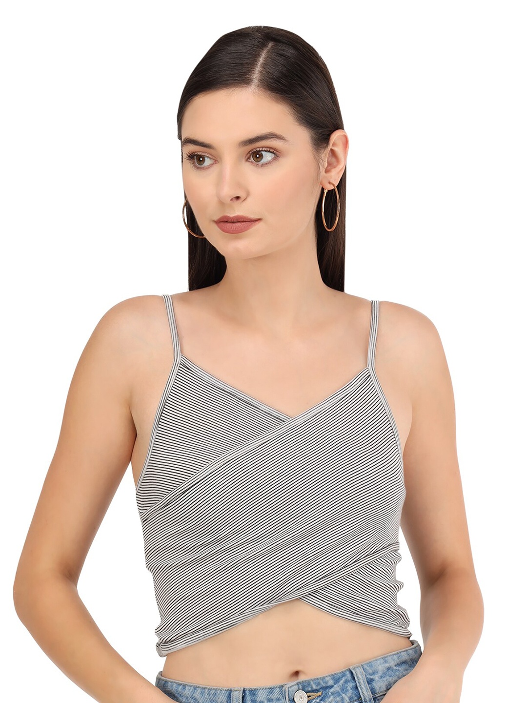 

Beatnik Striped Wrap Crop Top, Grey
