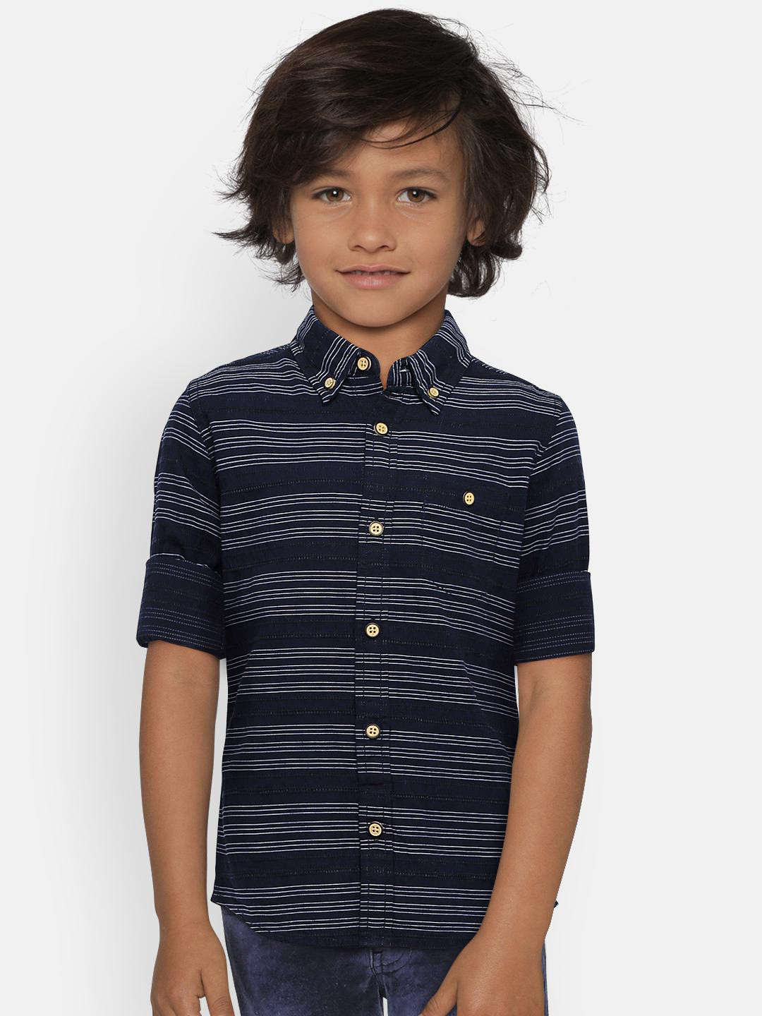 

Flying Machine Boys Navy Blue Regular Fit Striped Casual Shirt