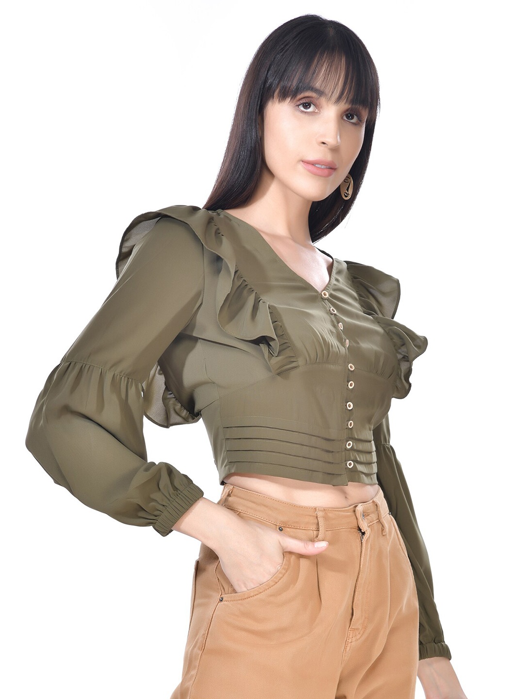 

Beatnik Puff Sleeves Ruffles Cotton Shirt Style Crop Top, Green