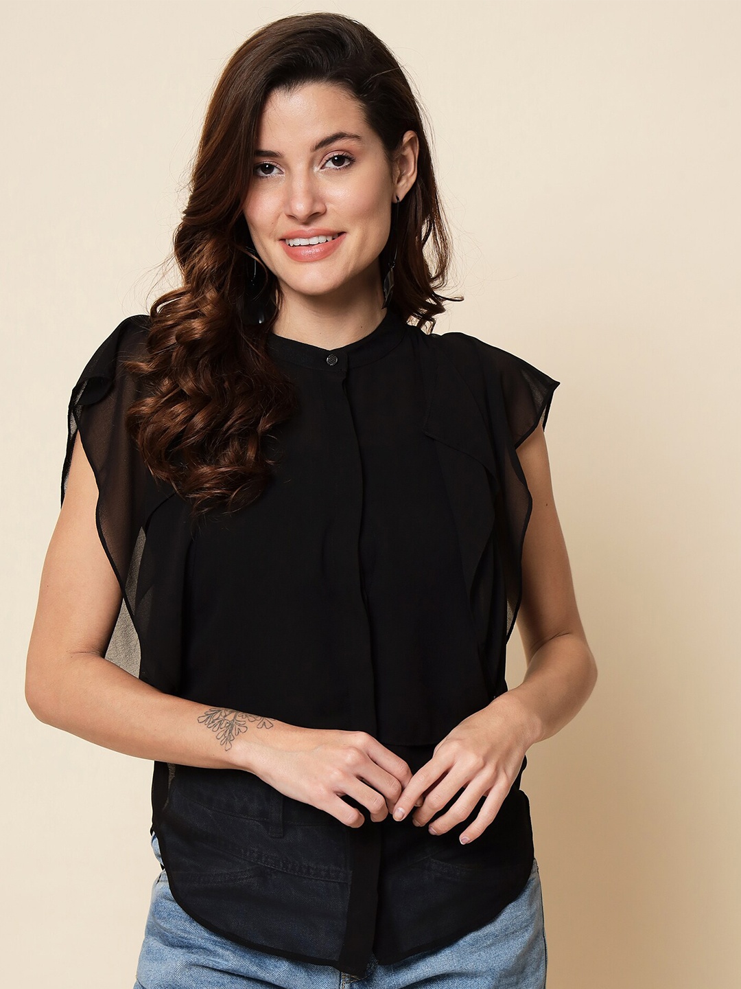 

Beatnik Flared Sleeves Regular Top, Black