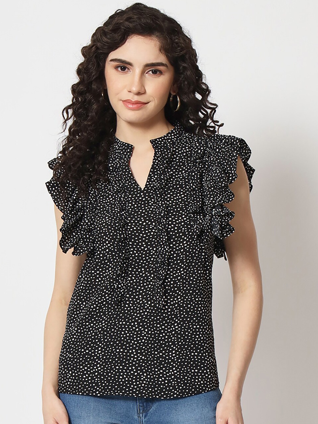 

Beatnik Abstract Printed Ruffles Regular Top, Black