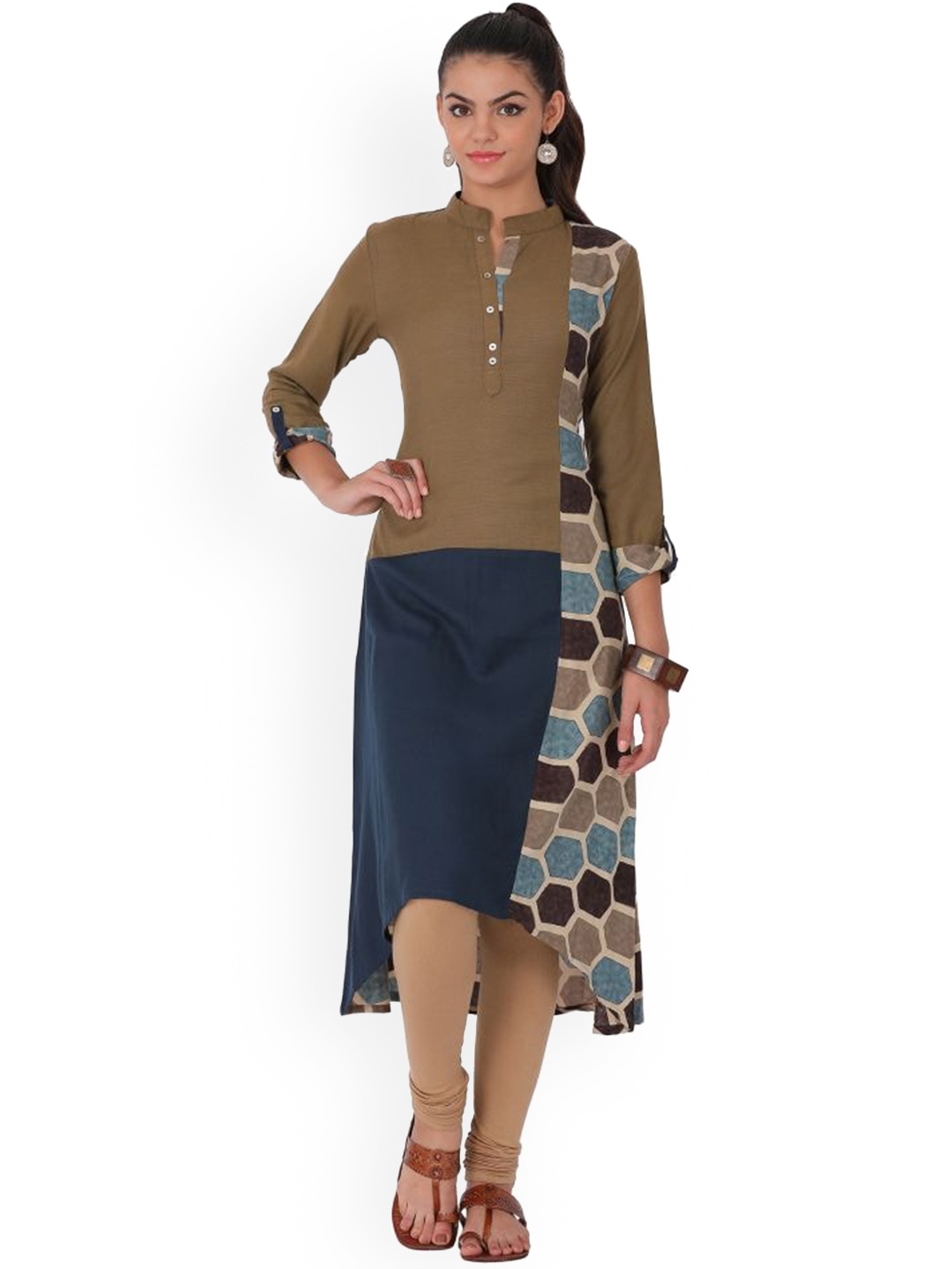 

Span Geometric Printed High-Low A-Line Kurta, Brown