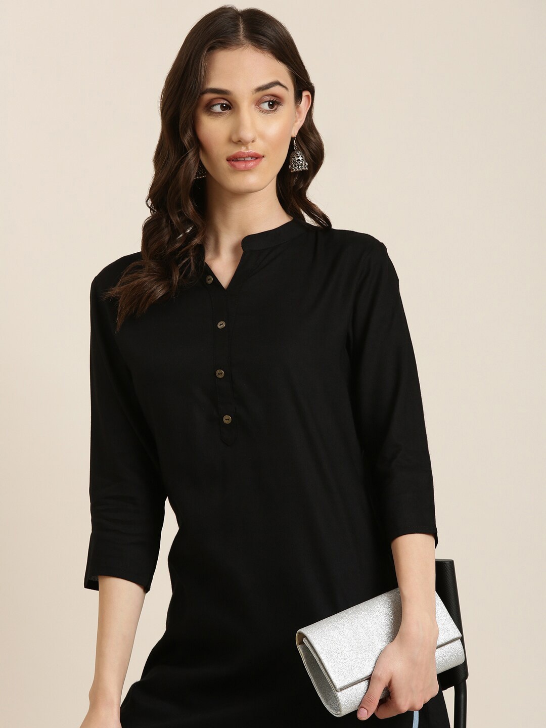 

SHOWOFF Mandarin Collar Straight Kurti, Black
