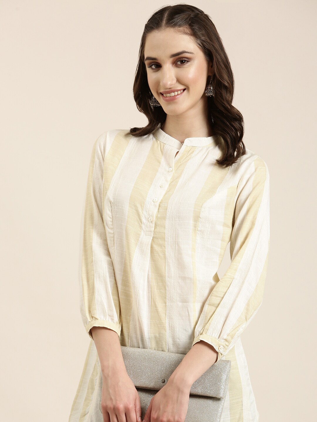 

SHOWOFF Striped Mandarin Collar Panelled Kurti, Off white