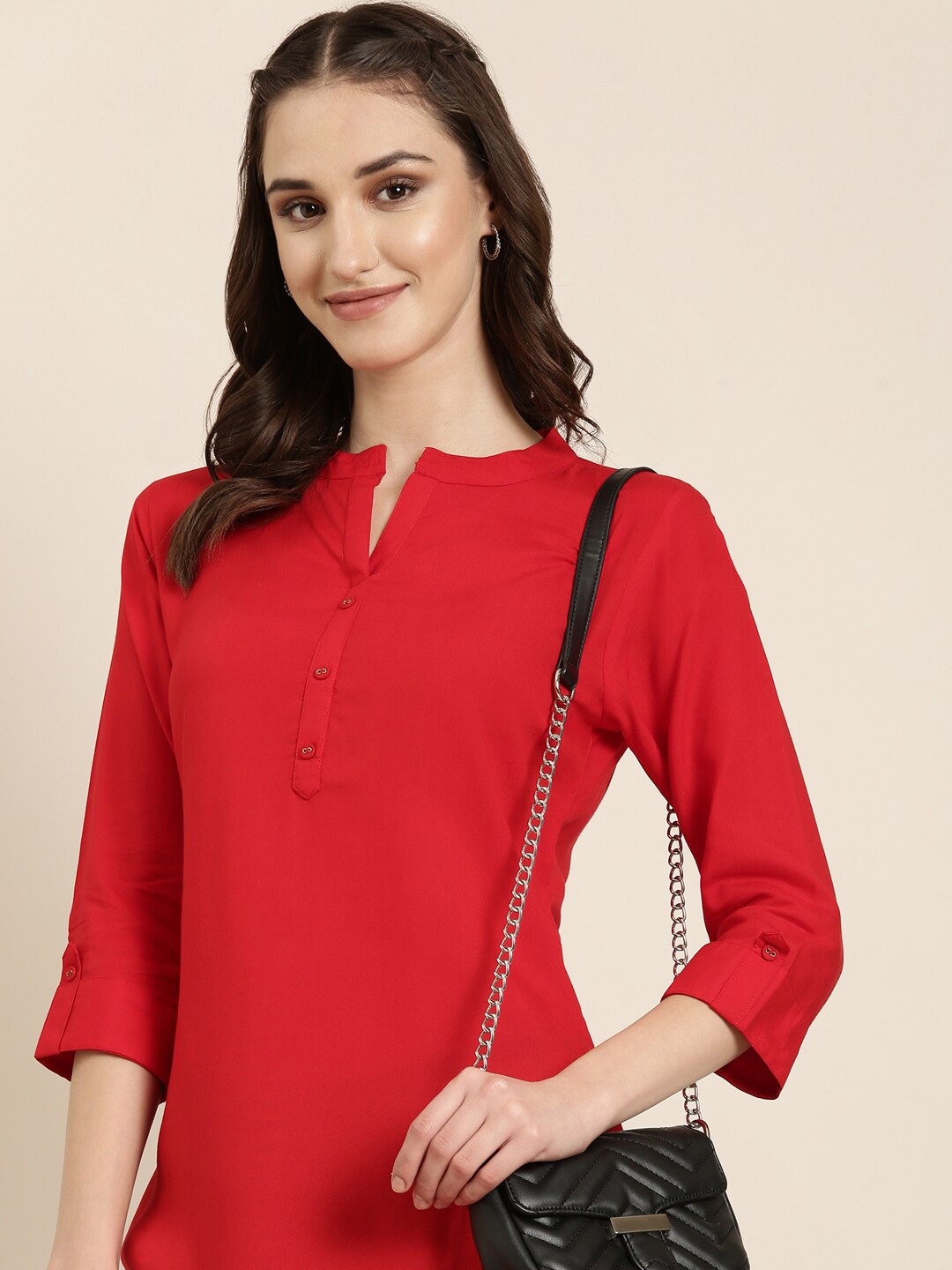 

SHOWOFF Mandarin Collar Roll-Up Sleeves Kurti, Red