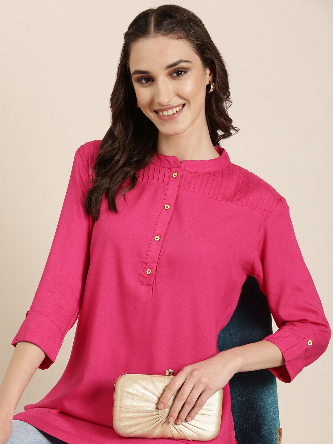 

SHOWOFF Mandarin Collar Roll-Up Sleeves Kurti, Fuchsia
