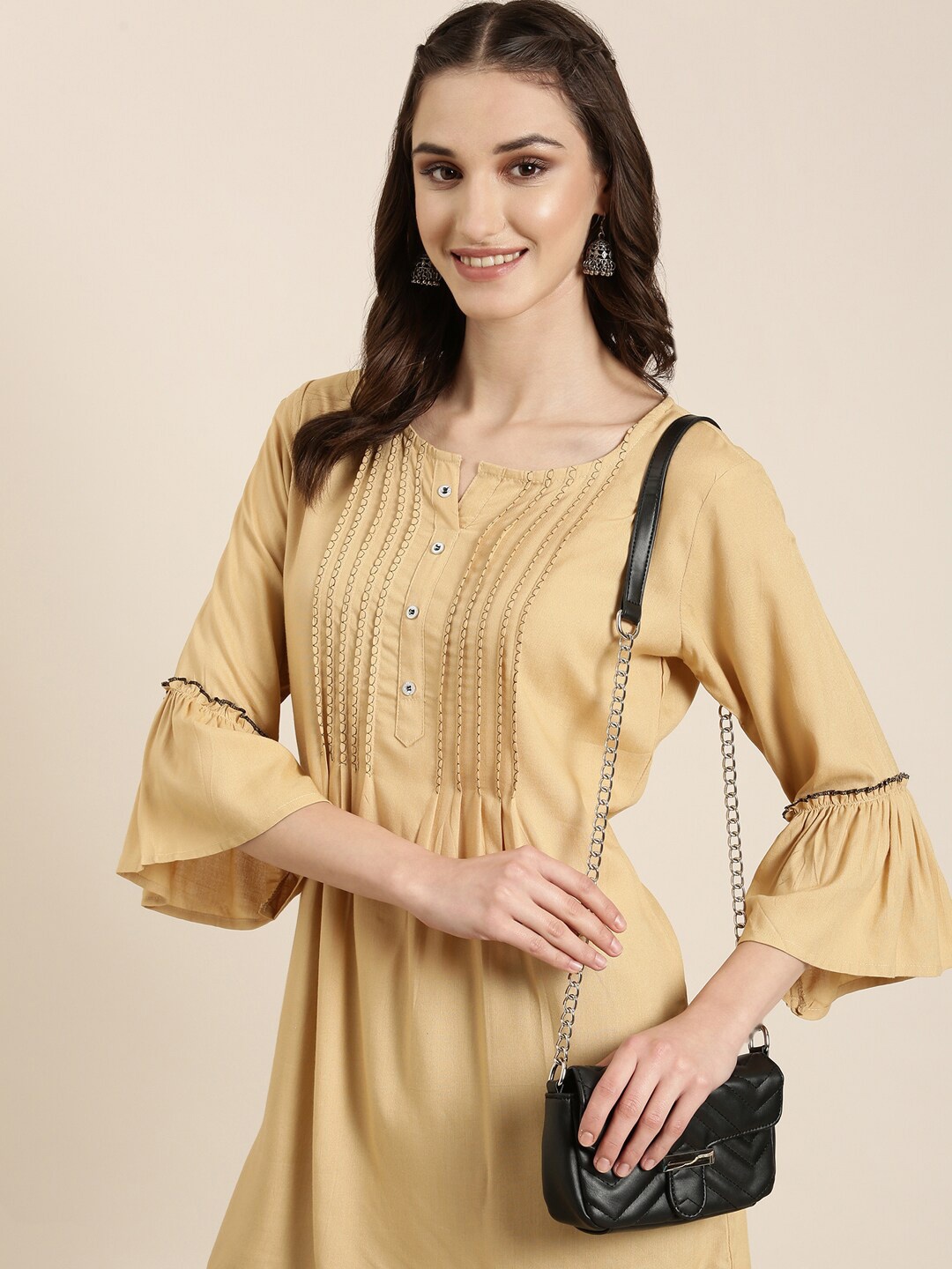 

SHOWOFF Pleated Bell Sleeves A-Line Kurti, Beige