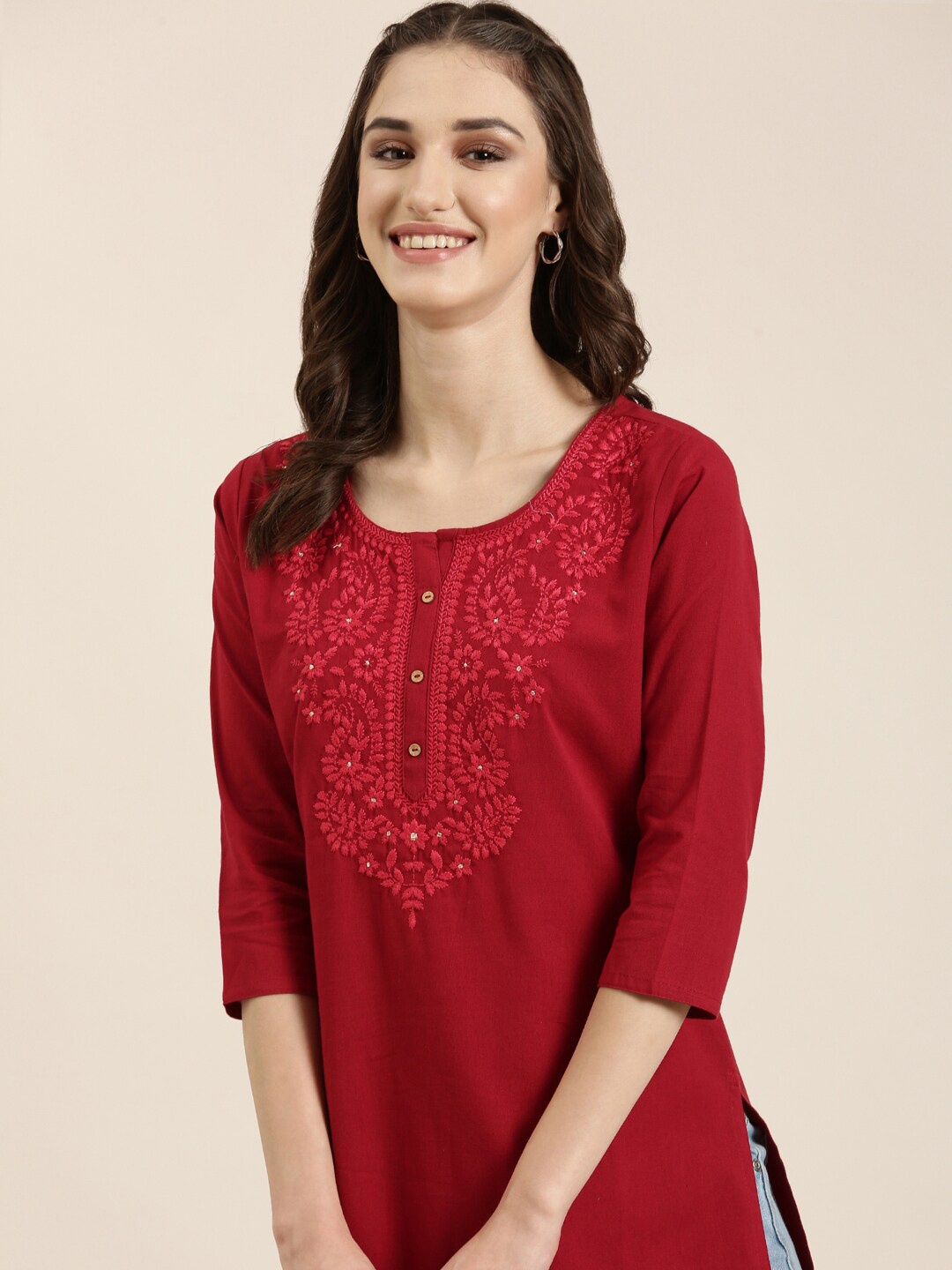 

SHOWOFF Ethnic Motifs Yoke Design Thread Work Kurti, Maroon