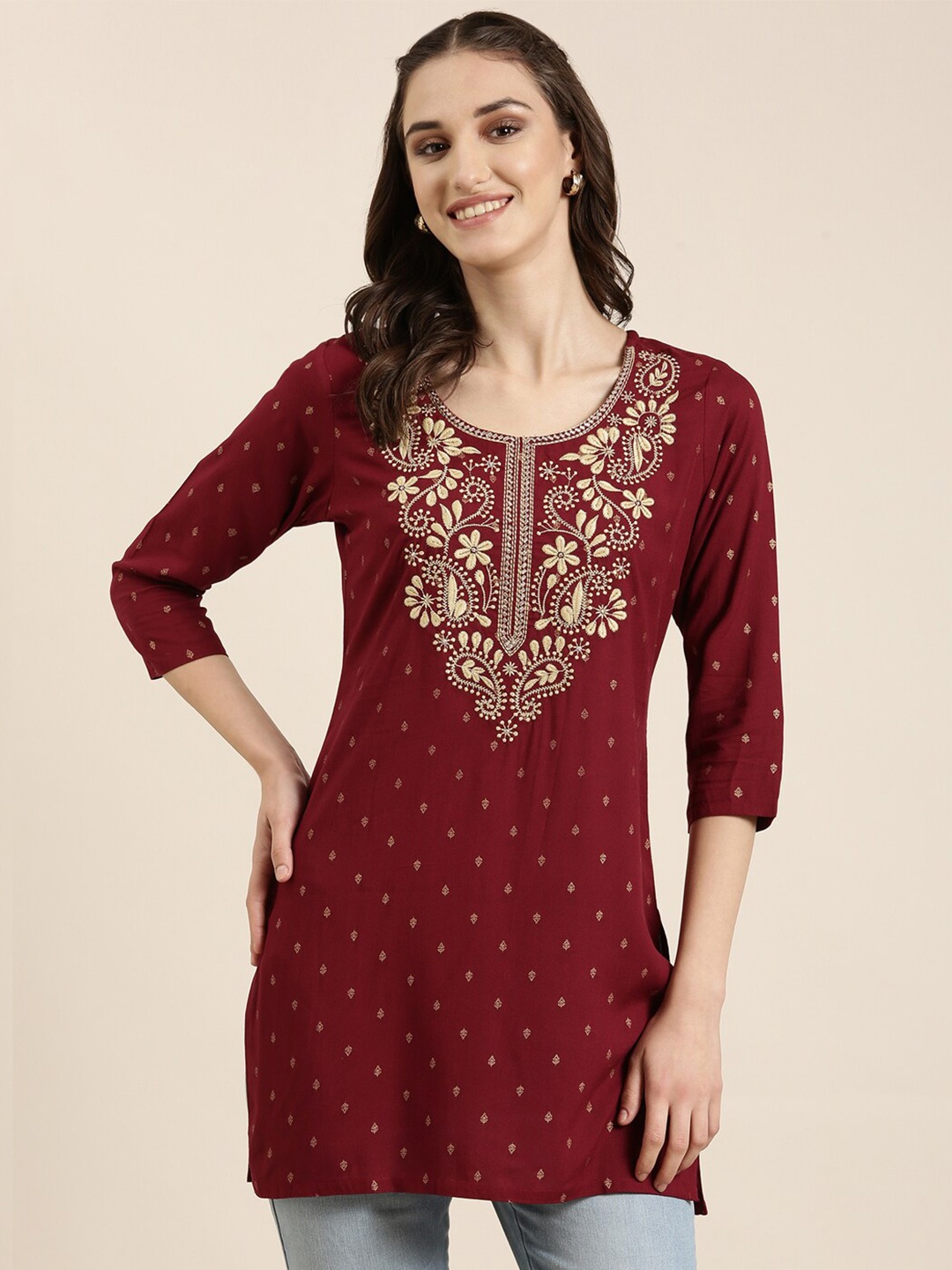 

SHOWOFF Ethnic Motifs Yoke Design Kurti, Maroon