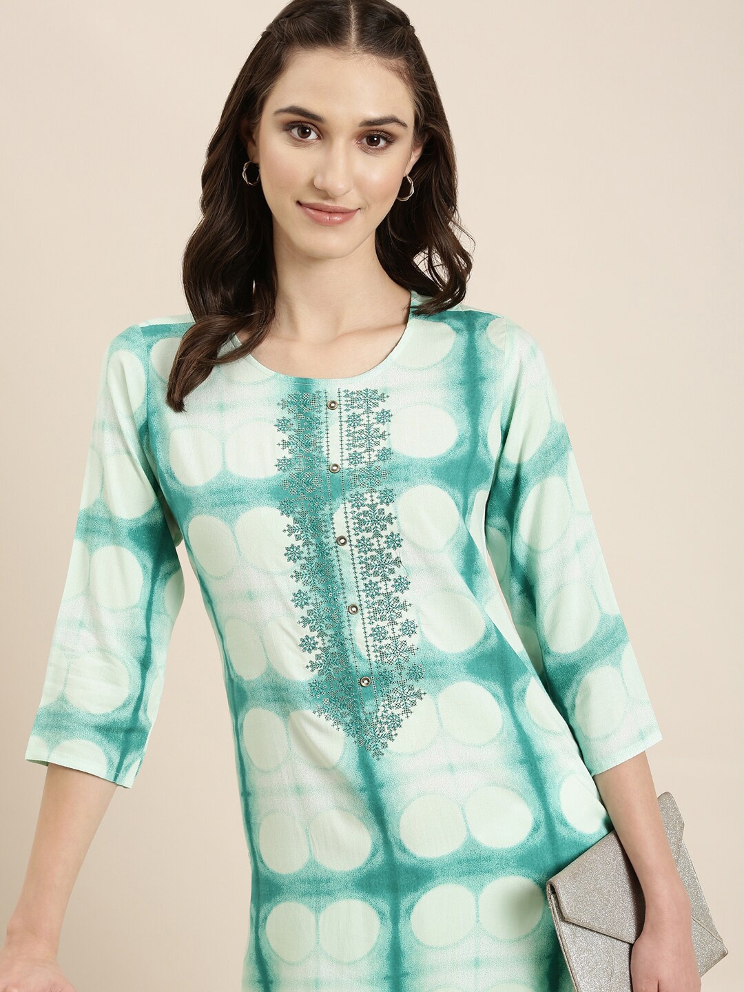 

SHOWOFF Geometric Printed Straight Kurti, Turquoise blue