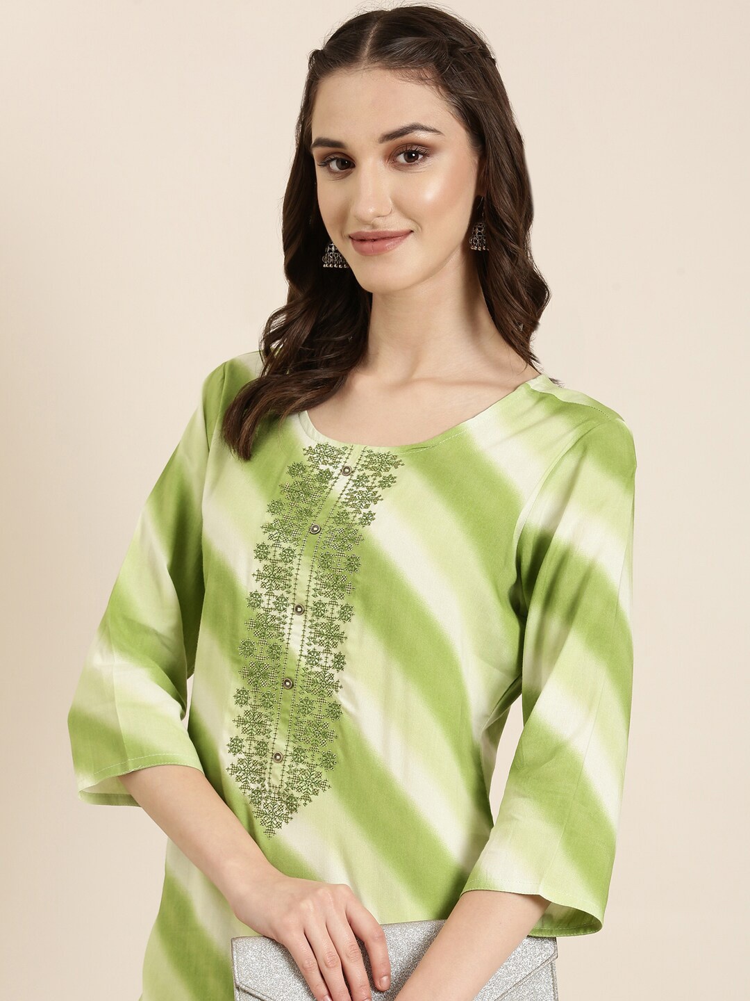 

SHOWOFF Striped Round Neck Kurti, Green