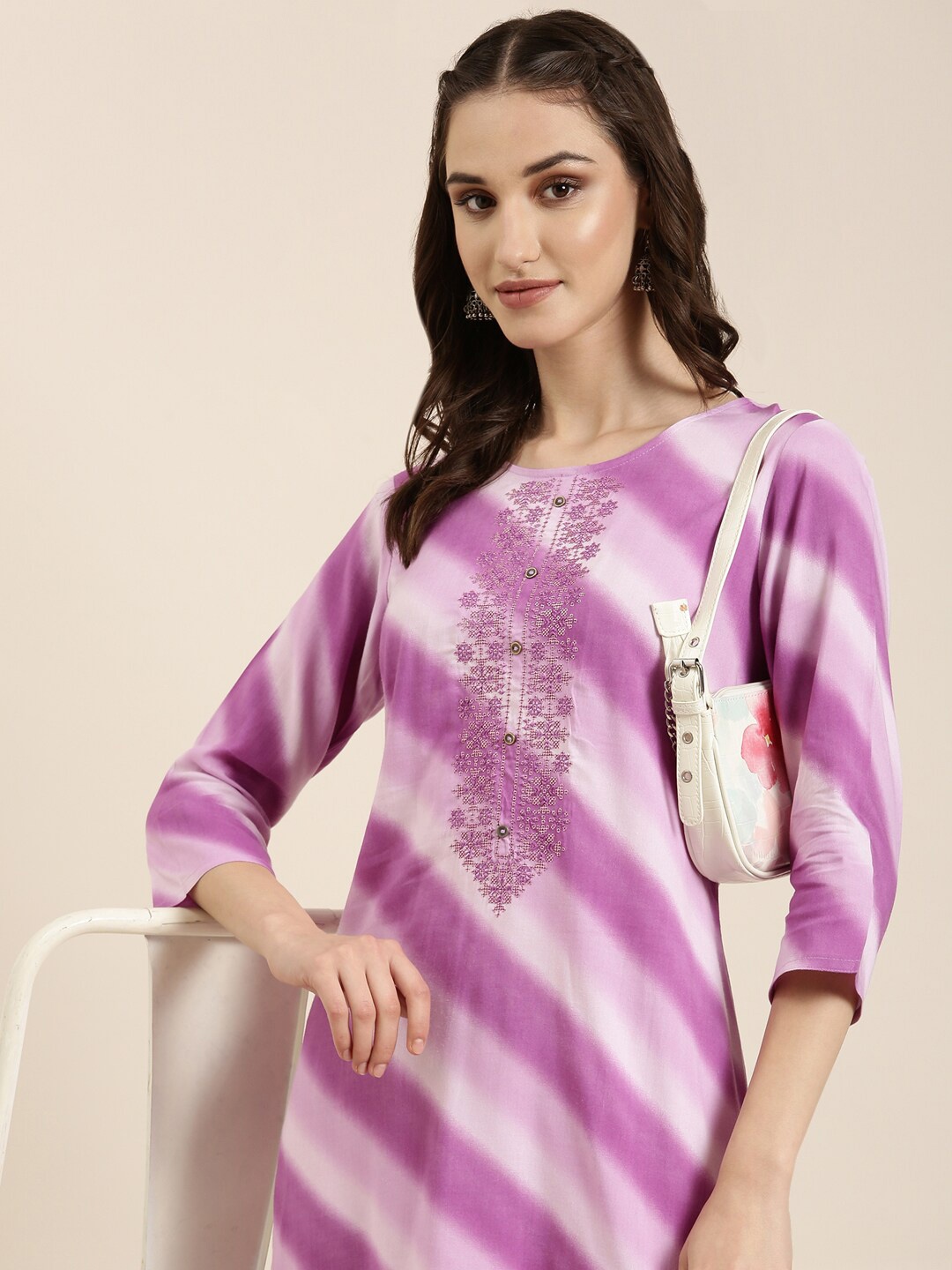 

SHOWOFF Striped Thread Work Kurti, Purple