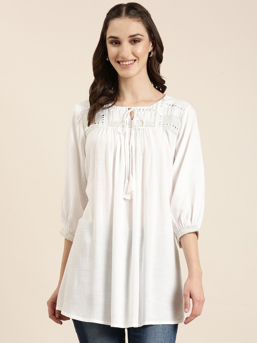 

SHOWOFF Mirror Work Pleated A-Line Kurti, White