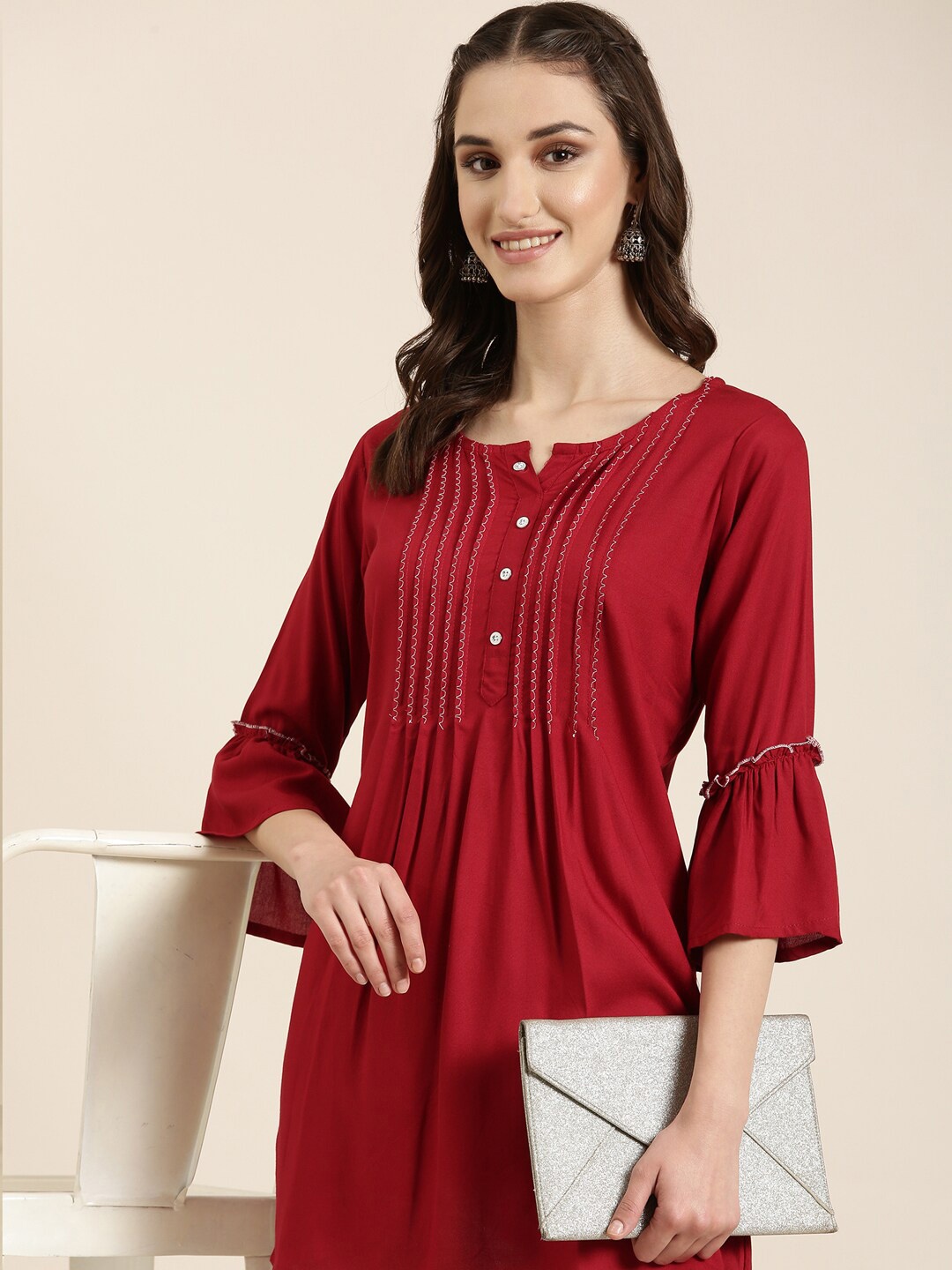 

SHOWOFF Bell Sleeves Pleated A-Line Kurti, Maroon