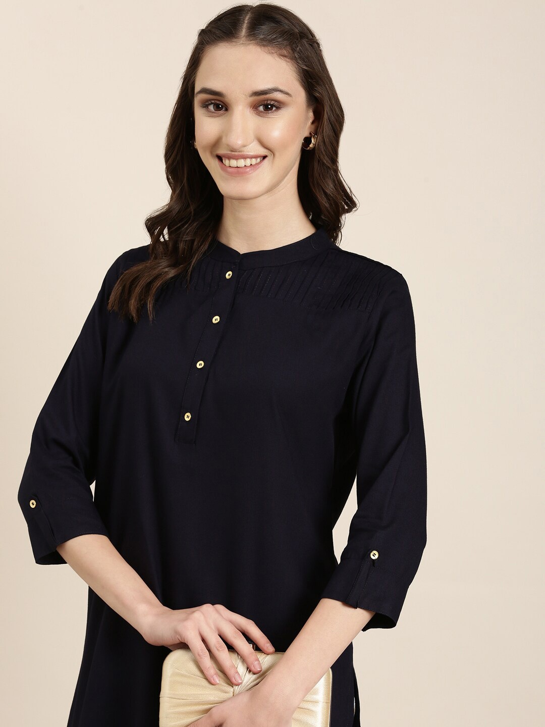

SHOWOFF Mandarin Collar Straight Kurti, Navy blue