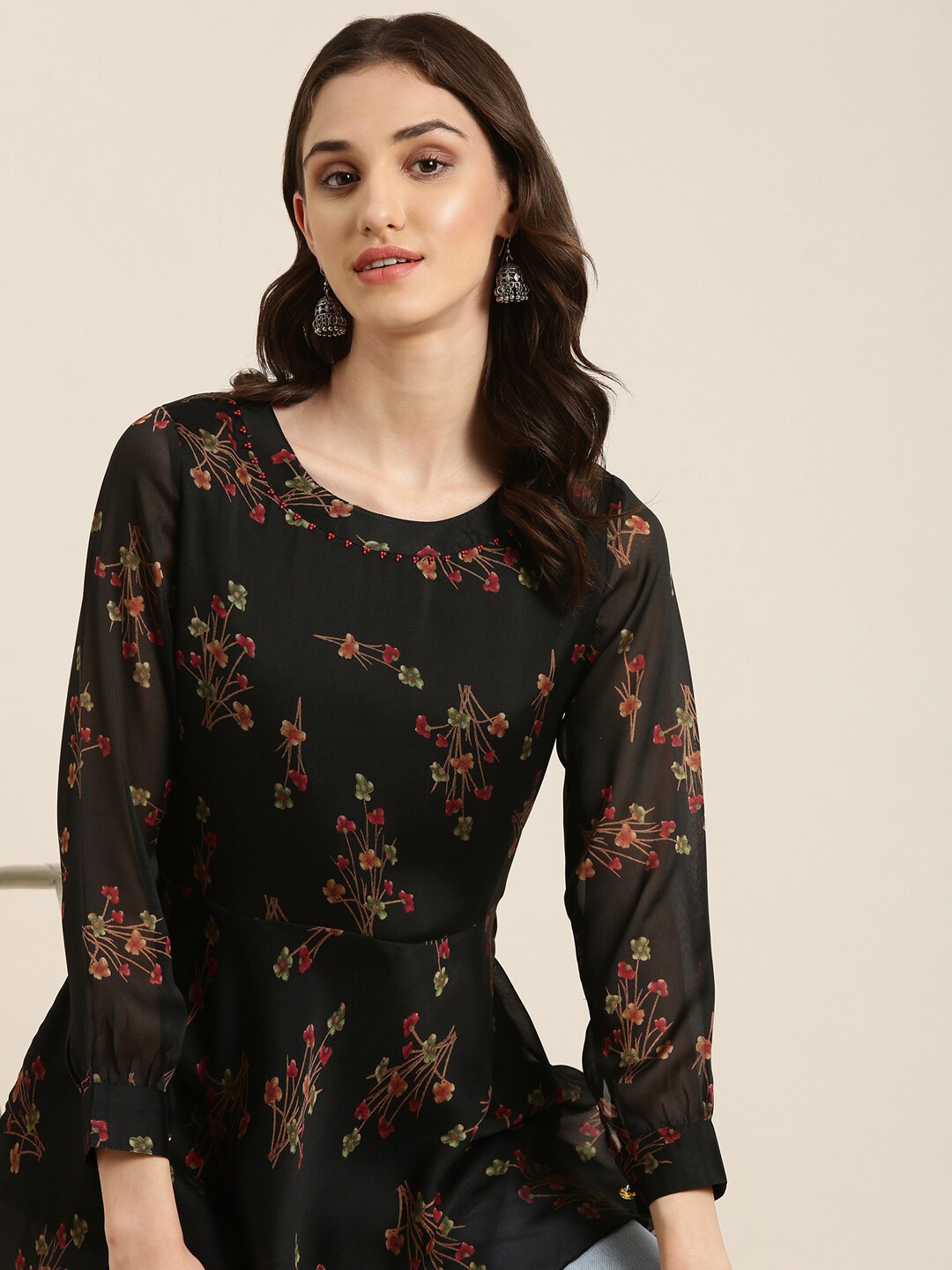 

SHOWOFF Floral Printed Empire A-Line Kurti, Black