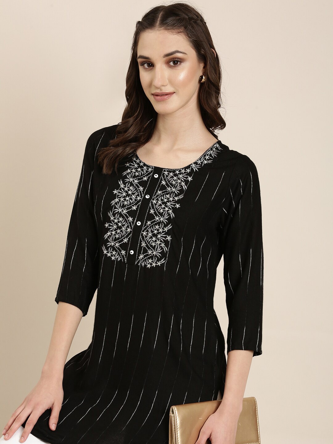 

SHOWOFF Yoke Design Sequinned Kurti, Black