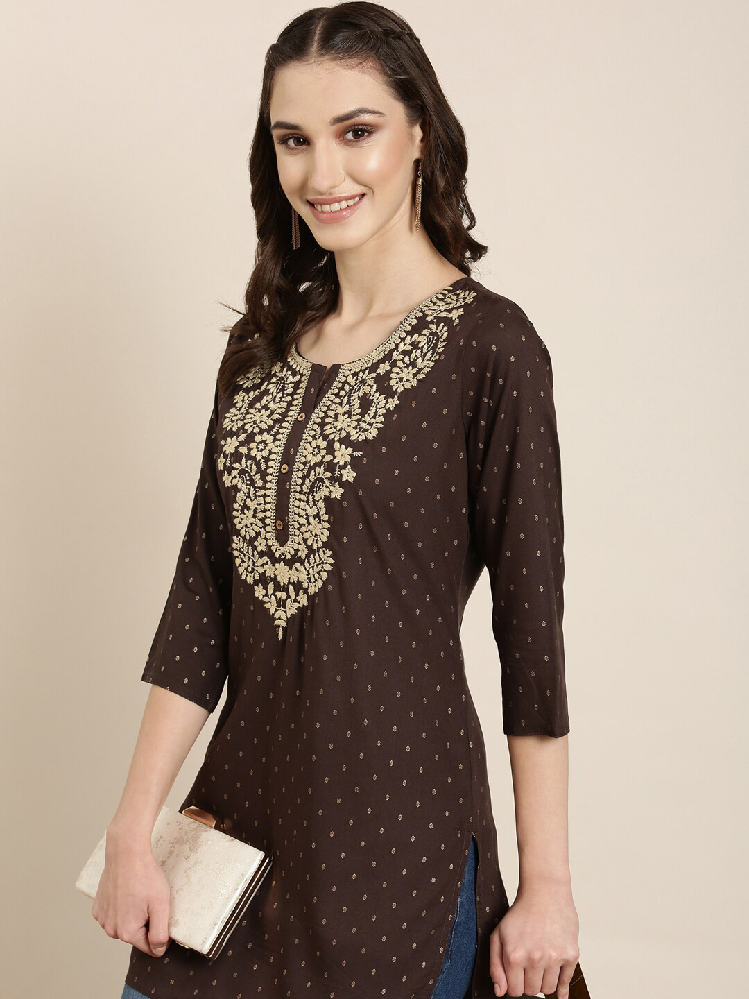 

SHOWOFF Geometric Printed Thread Work Kurti, Coffee brown