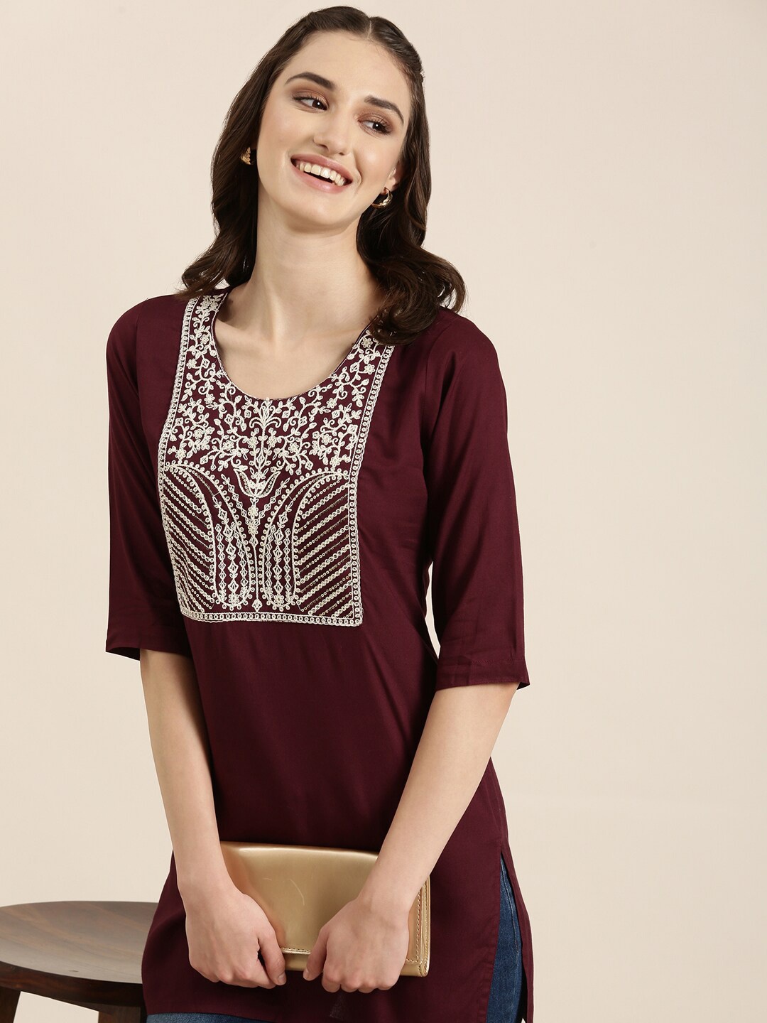 

SHOWOFF Ethnic Motifs Yoke Design Kurti, Maroon