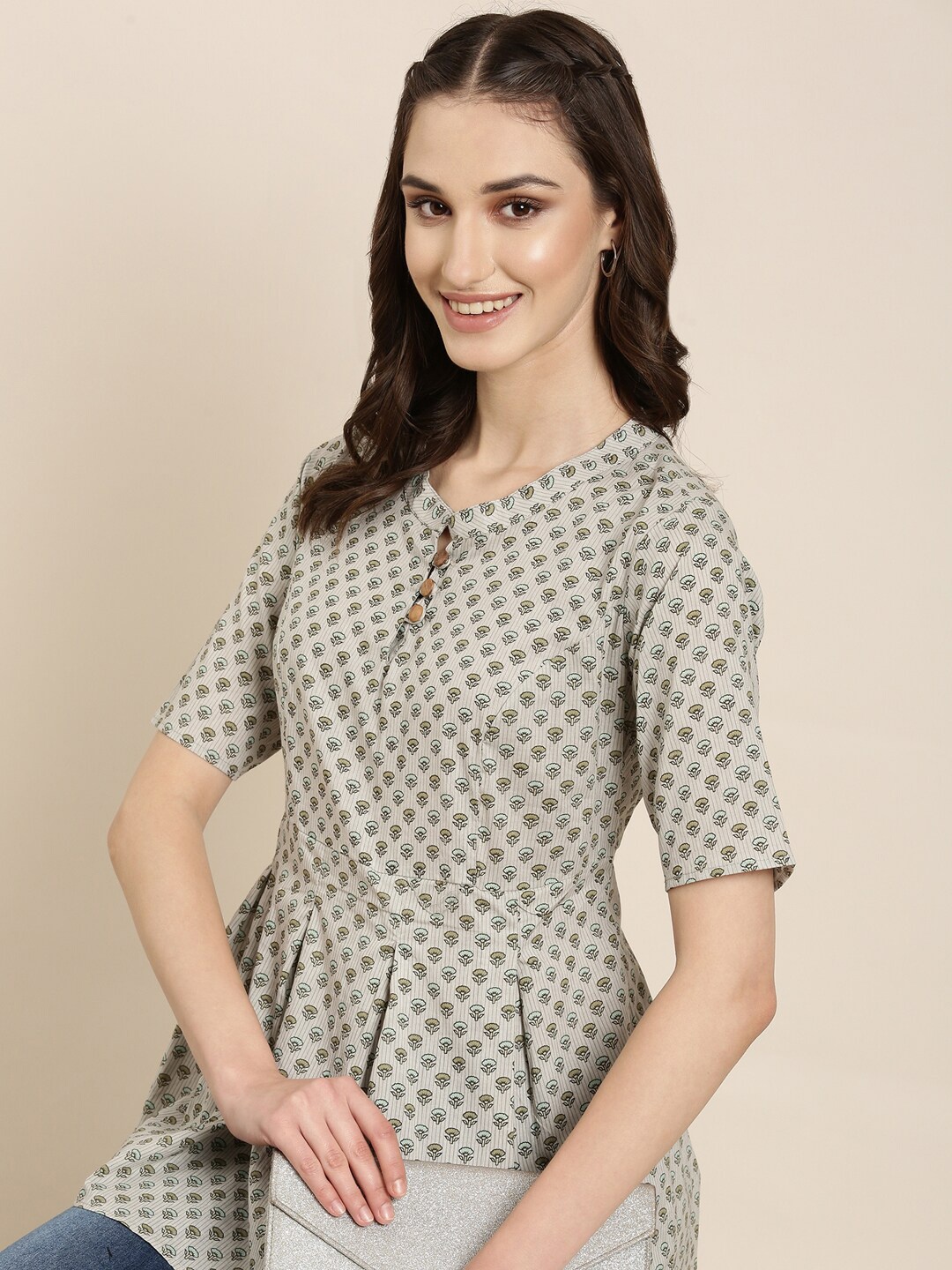 

SHOWOFF Ethnic Motifs Printed Empire Kurti, Grey