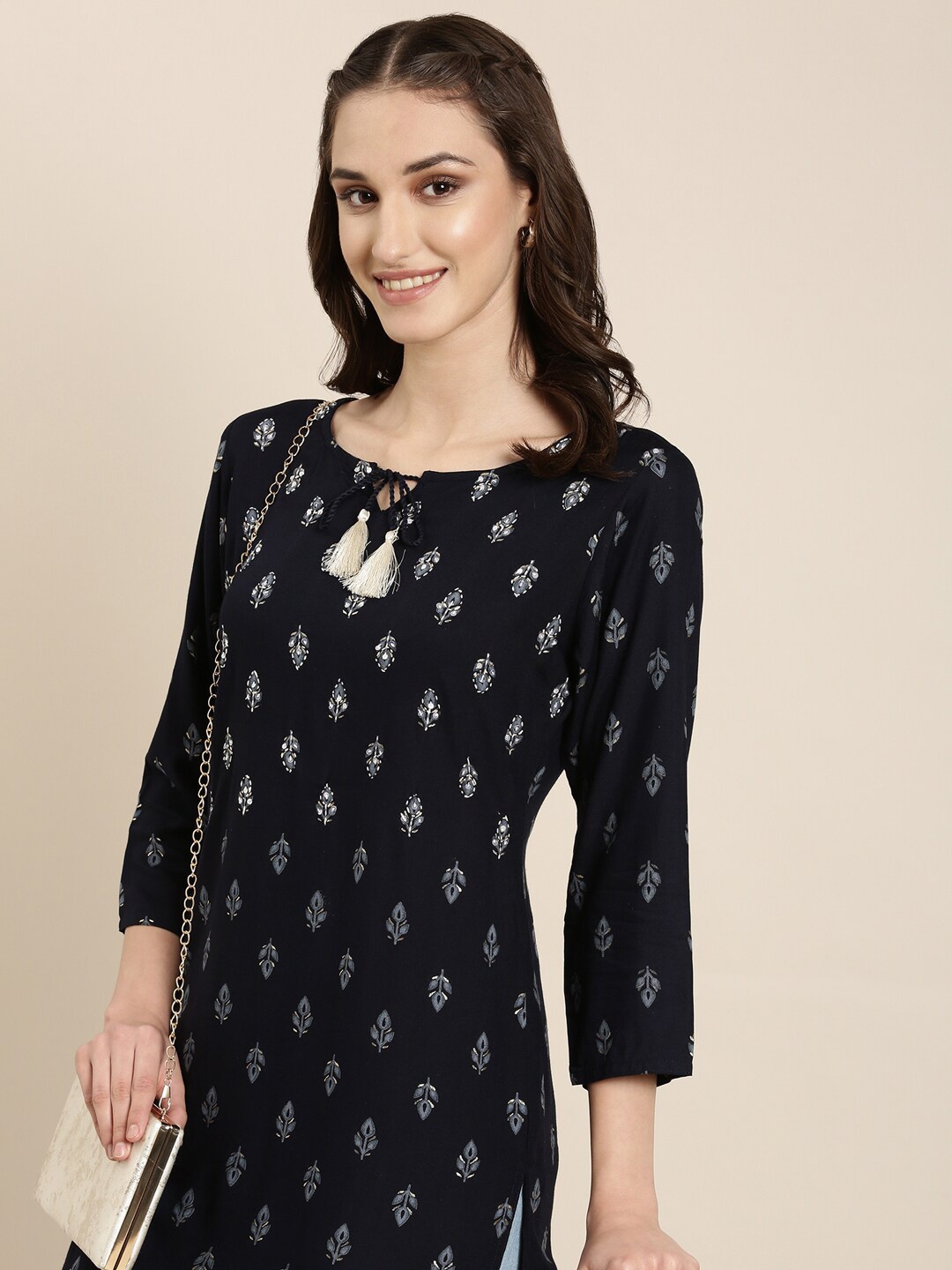 

SHOWOFF Floral Foil Printed Sequinned Kurti, Navy blue