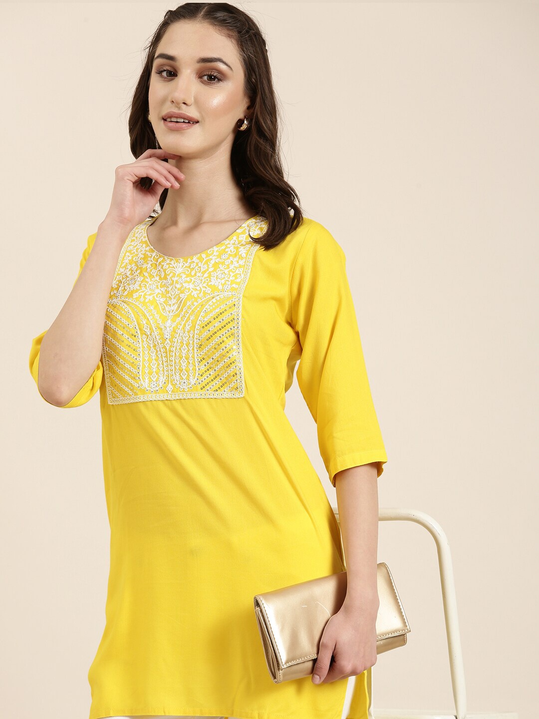 

SHOWOFF Ethnic Motifs Yoke Design Sequinned Kurti, Yellow