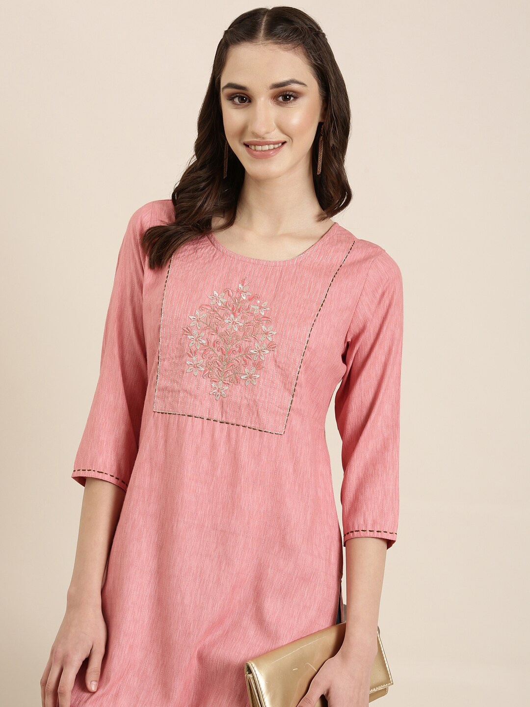 

SHOWOFF Floral Yoke Design Thread Work Kurti, Mauve