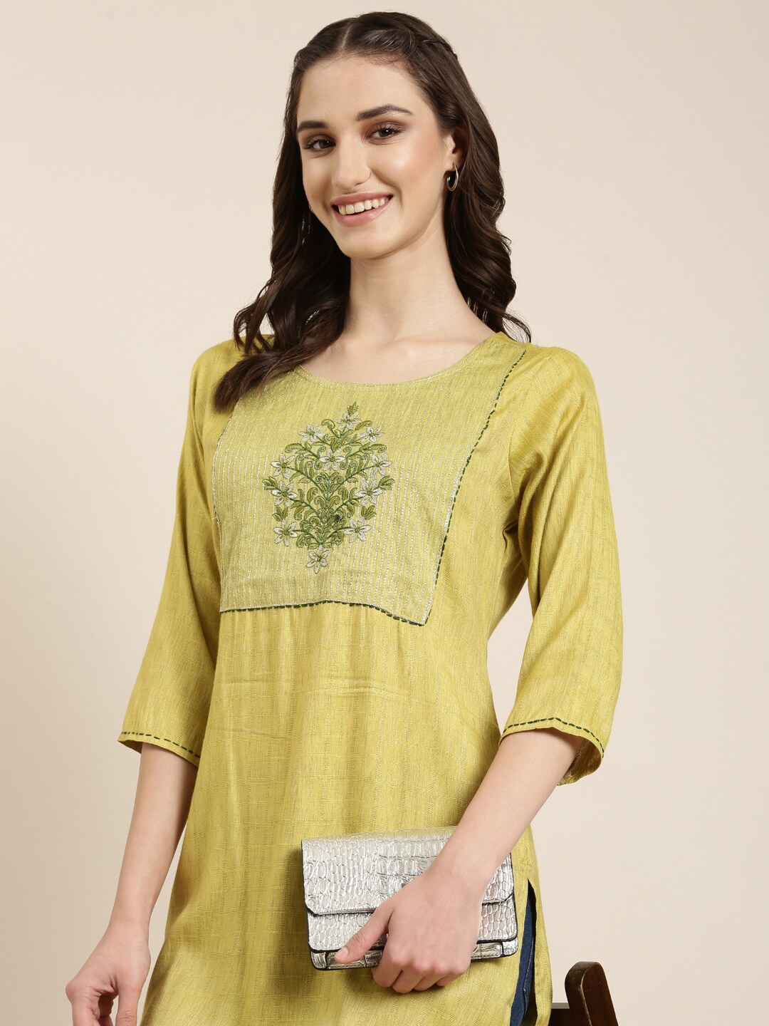 

SHOWOFF Floral Yoke Design Thread Work Kurti, Lime green