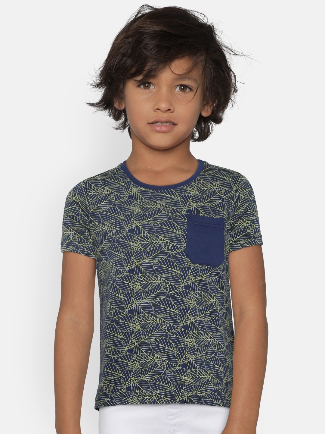 

Flying Machine Boys Navy Blue & Green Printed Round Neck T-shirt