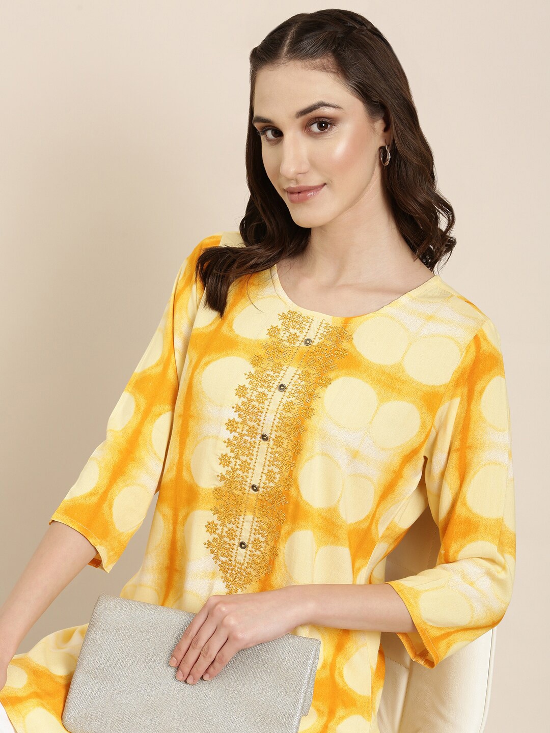 

SHOWOFF Abstract Printed Sequinned Kurti, Yellow