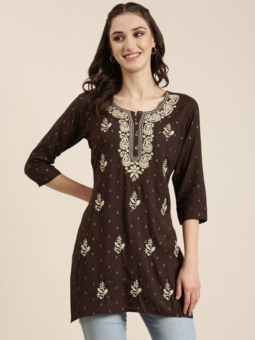 

SHOWOFF Floral Printed Straight Kurti, Coffee brown