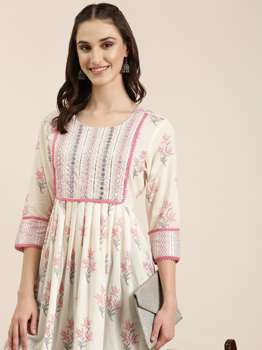 

SHOWOFF Floral Printed Mirror Work Pleated A-Line Kurti, Cream