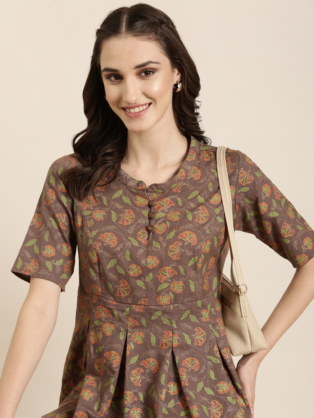 

SHOWOFF Floral Printed Mandarin Collar A-Line Kurti, Taupe